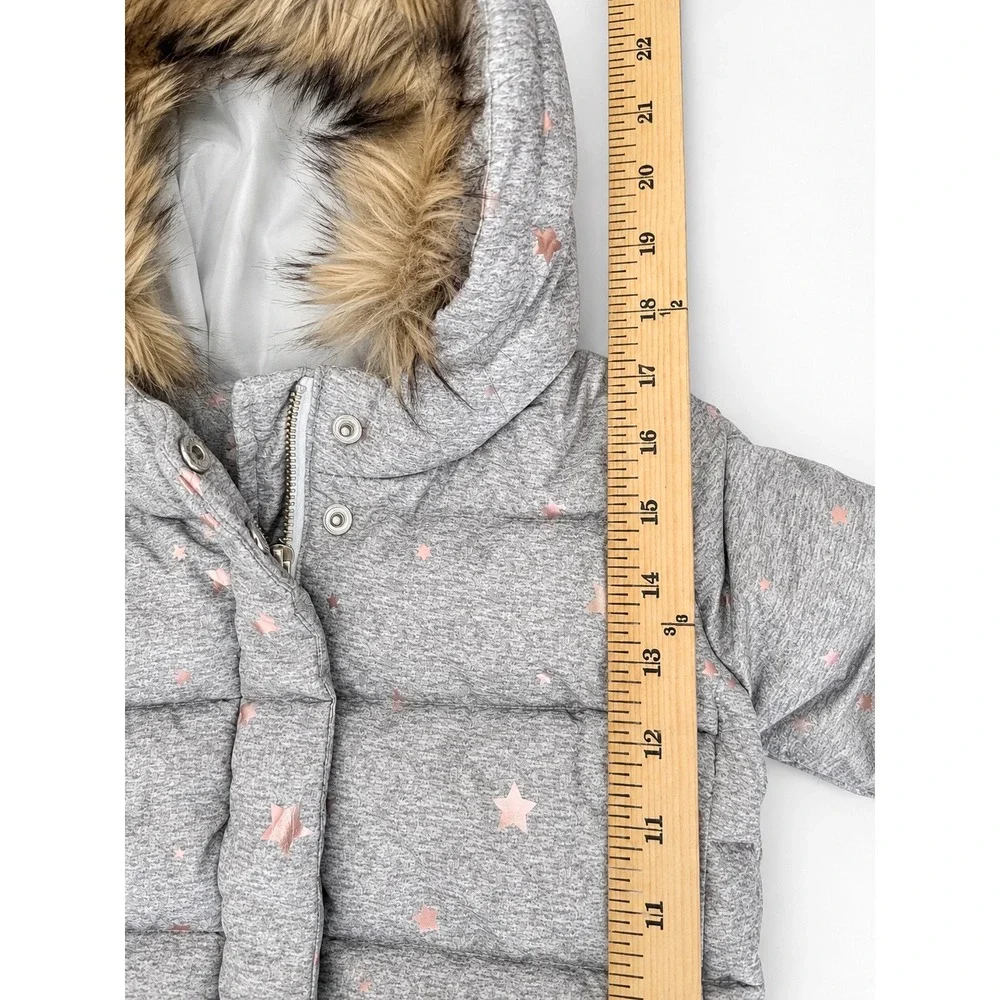 New Baby Gap Gray Rose Gold Star Puffer Jacket Faux Fur Hood 18-24 Mon